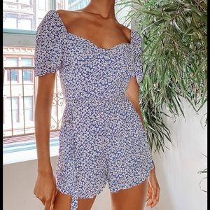 Lulus Sweet Sensation Blue Floral Print Short Sleeve Romper